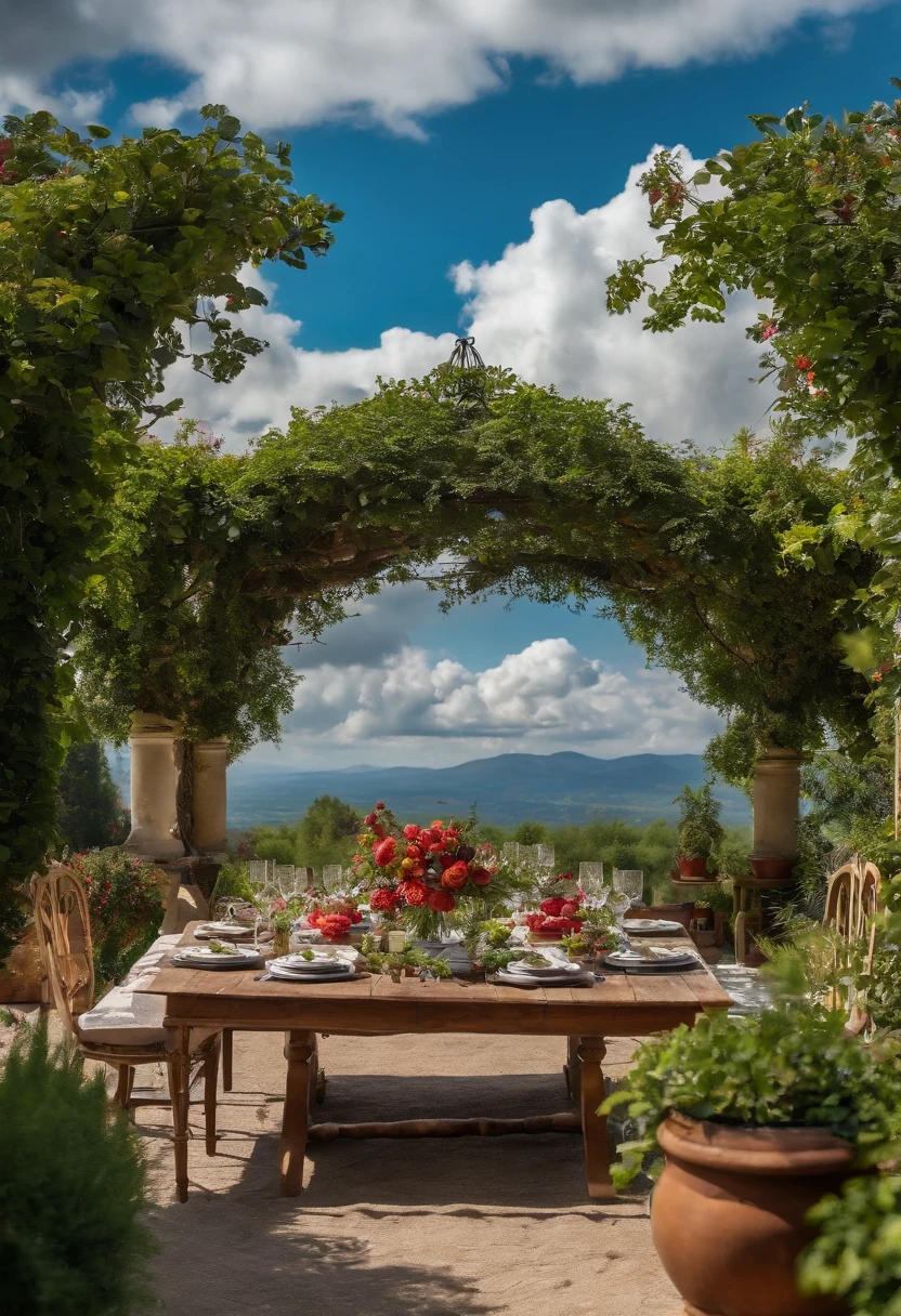 In the garden,There is a dining table,There is abundant food on it,Blue sky and white clouds,