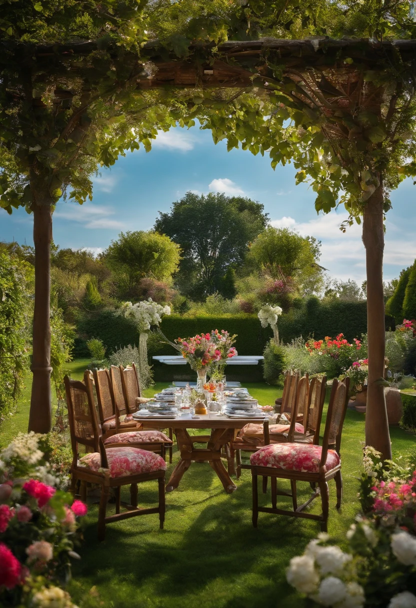 In the garden，There is a dining table，There is abundant food on it，Blue sky and white clouds，