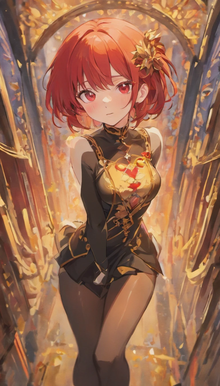 beautiful woman, 22 years old, crimson-red hair, golden eyes, black casual dress, black stockings, fit legs, petite ???????, pear-shaped body, white background, vibrant colors, oil painting texture, high resolution(masterpiece:1.2), detailed facial features (beautiful detailed golden eyes, beautiful detailed lips, elegant small nose), casual posture, standing, surrealistic atmosphere, vivid hues, dreamy ambiance, emphasis on details, aesthetically pleasing composition, portrait style