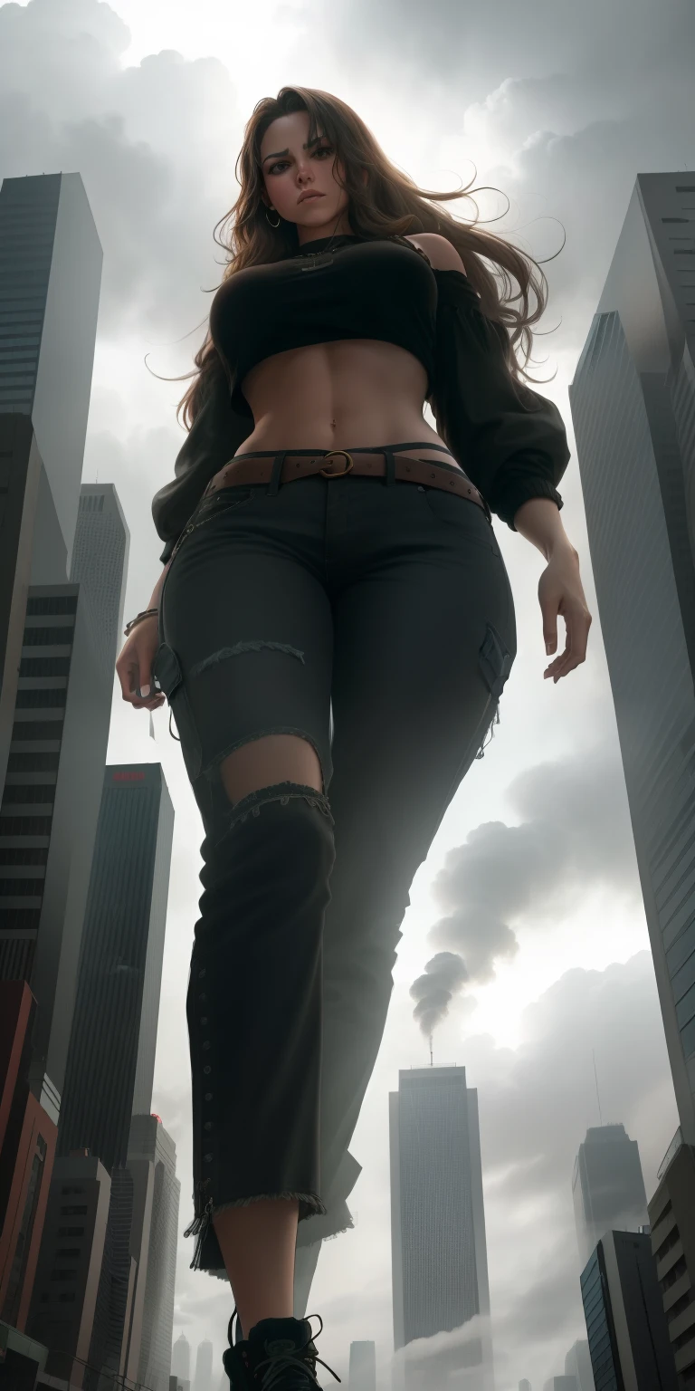 Giant naked girl in city crushing buildings with her feet wearing green jeans