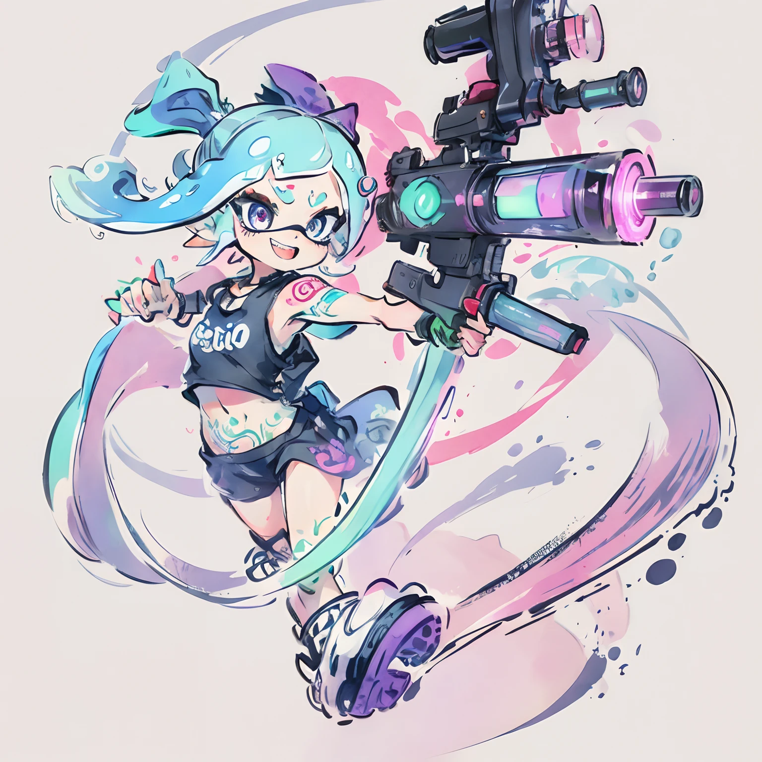 Drawing of a girl with a bow - a sling、with splatoon style, video game fanart, With a tattoo of a squid, Splatoon 3, high quality fan art, squid、hiquality、Super fancy colorful splatter ink background