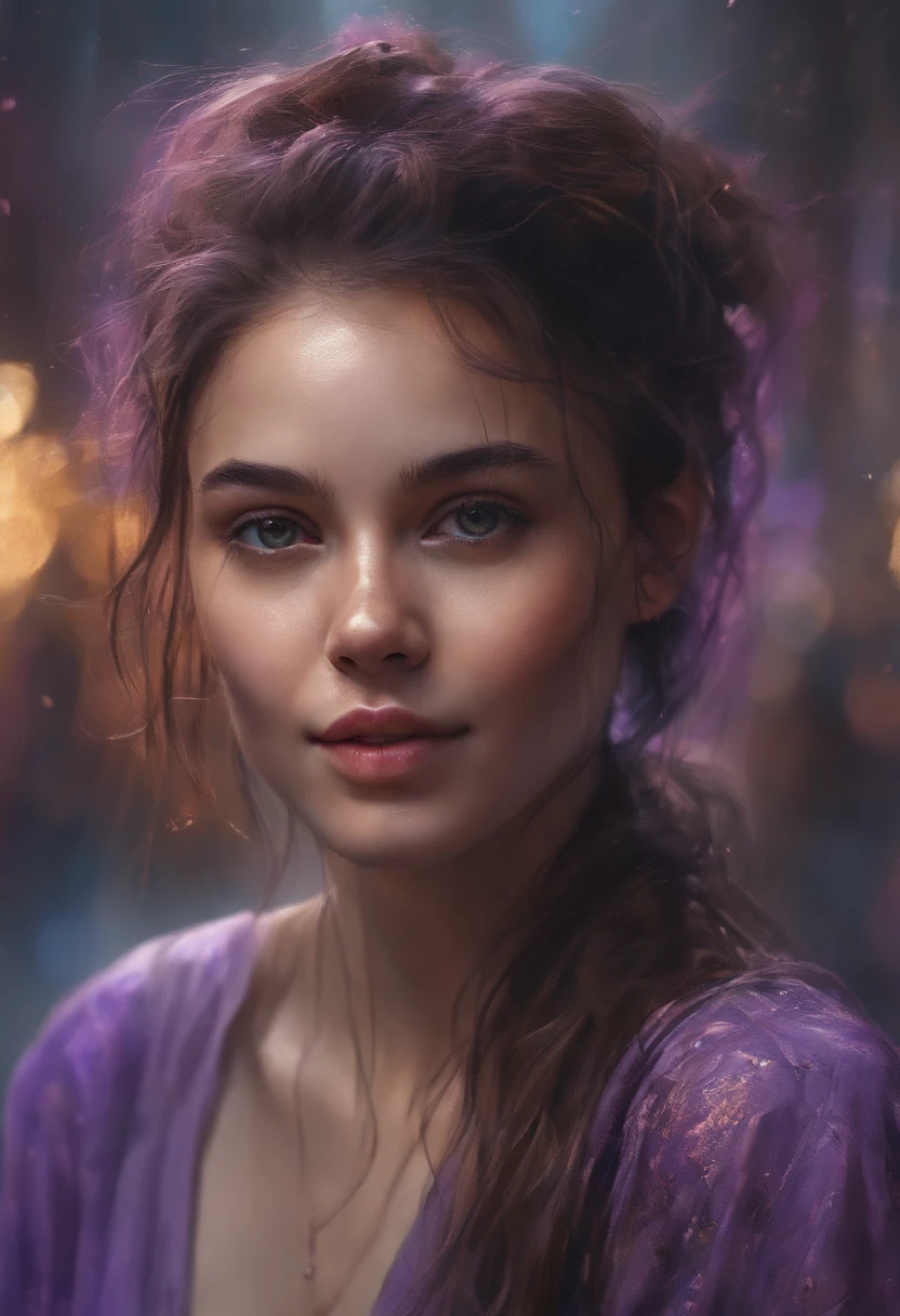 Happy girl, Centered, Looking at the camera, nearing perfection, Dynamic, shades of purple, Highly detailed, Digital painting, Art Station, concept-art, smooth, Sharp focus, illustration, Art by Carne Griffiths and Wadim Kashin, Detailed face, 4K