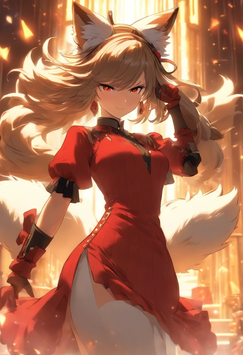 Akagi from Azur Lane, ballroom, red evening dress, long brown hair with bangs, black high heels, white fur trim on cuffs, fox ears, 9 large fluffy fox tails coming from the base of her spine, dancing, looking at viewer, full body shot, full bust, mature look, amber color eyes