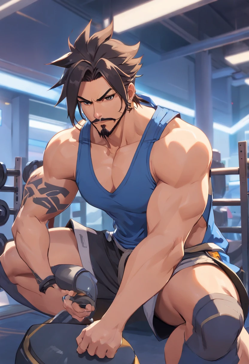 Hanzo Overwatch, corpo inteiro,Picking up heavy in a bodybuilding gym, well-defined muscles, perfect biceps, focus in muscles, incredible details