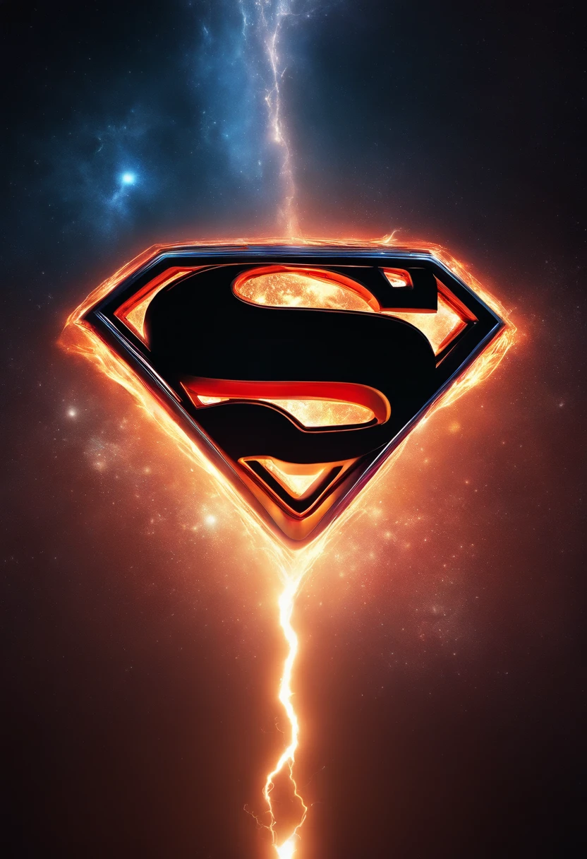 Cosmic Fallen superman logo's icon, glowing light eyes, Biomechanical, eerie, Creepy, nightmarish, Very bright colors, Light particles, with light glowing, Mshiff, wallpaper art, UHD wallpaper