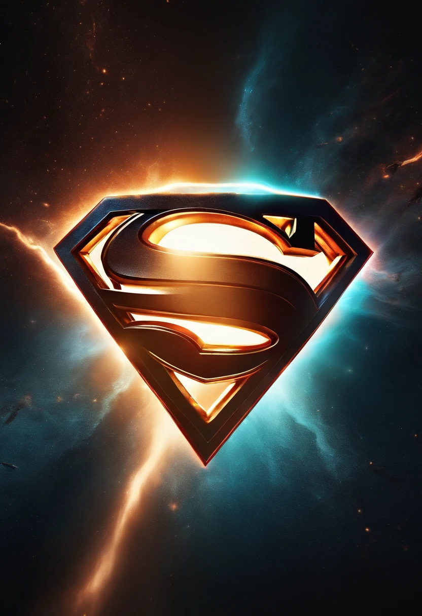 Cosmic Fallen superman logo's icon, glowing light eyes, Biomechanical, eerie, Creepy, nightmarish, Very bright colors, Light particles, with light glowing, Mshiff, wallpaper art, UHD wallpaper