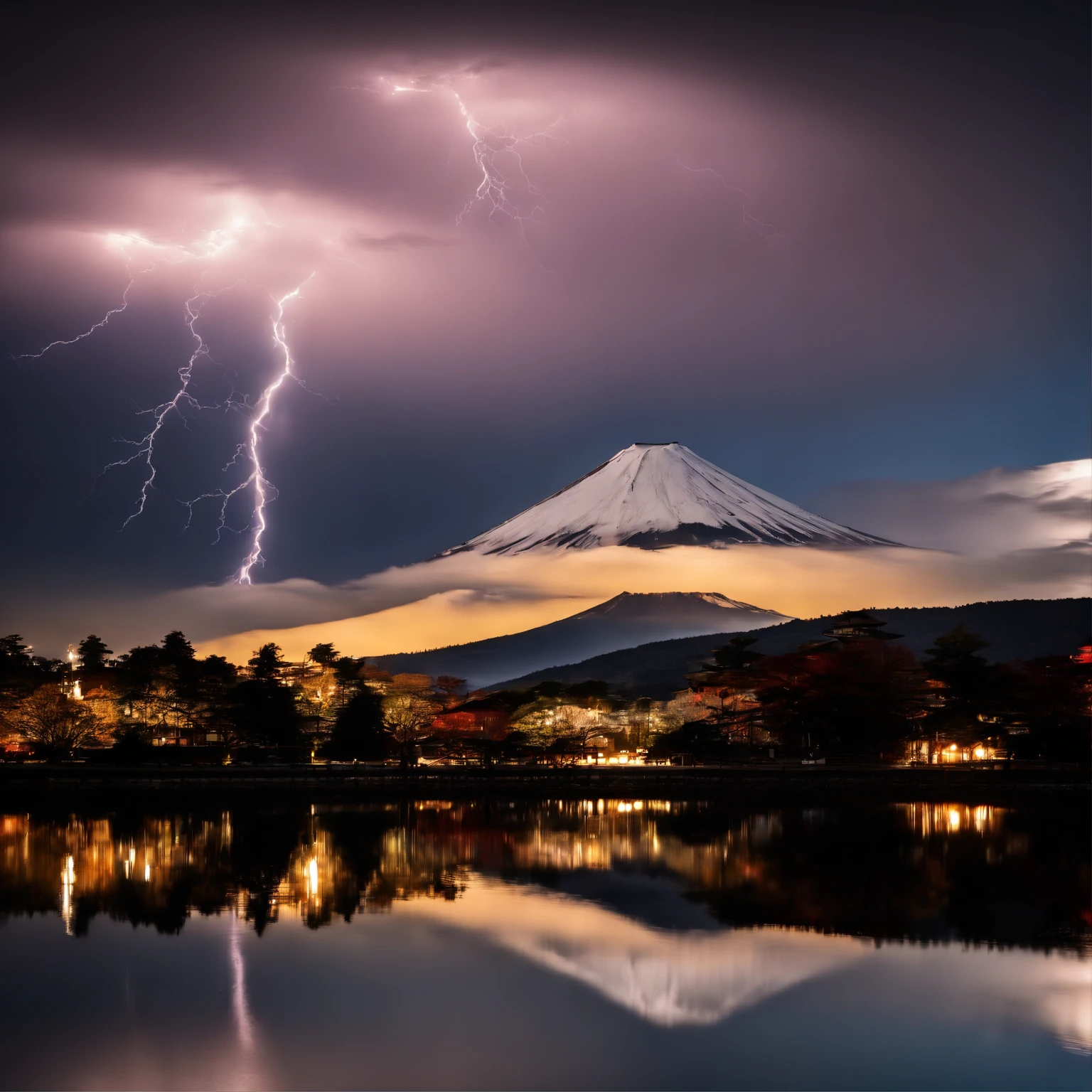 Master Parts、Superior Quality、superior image quality、The 8k quality、Beautiful photos of lightning:1.9、magnifica、(Mt. Fuji seen from Lake Shoji:1.9)、(((Dramatic Lightning:1.9)))