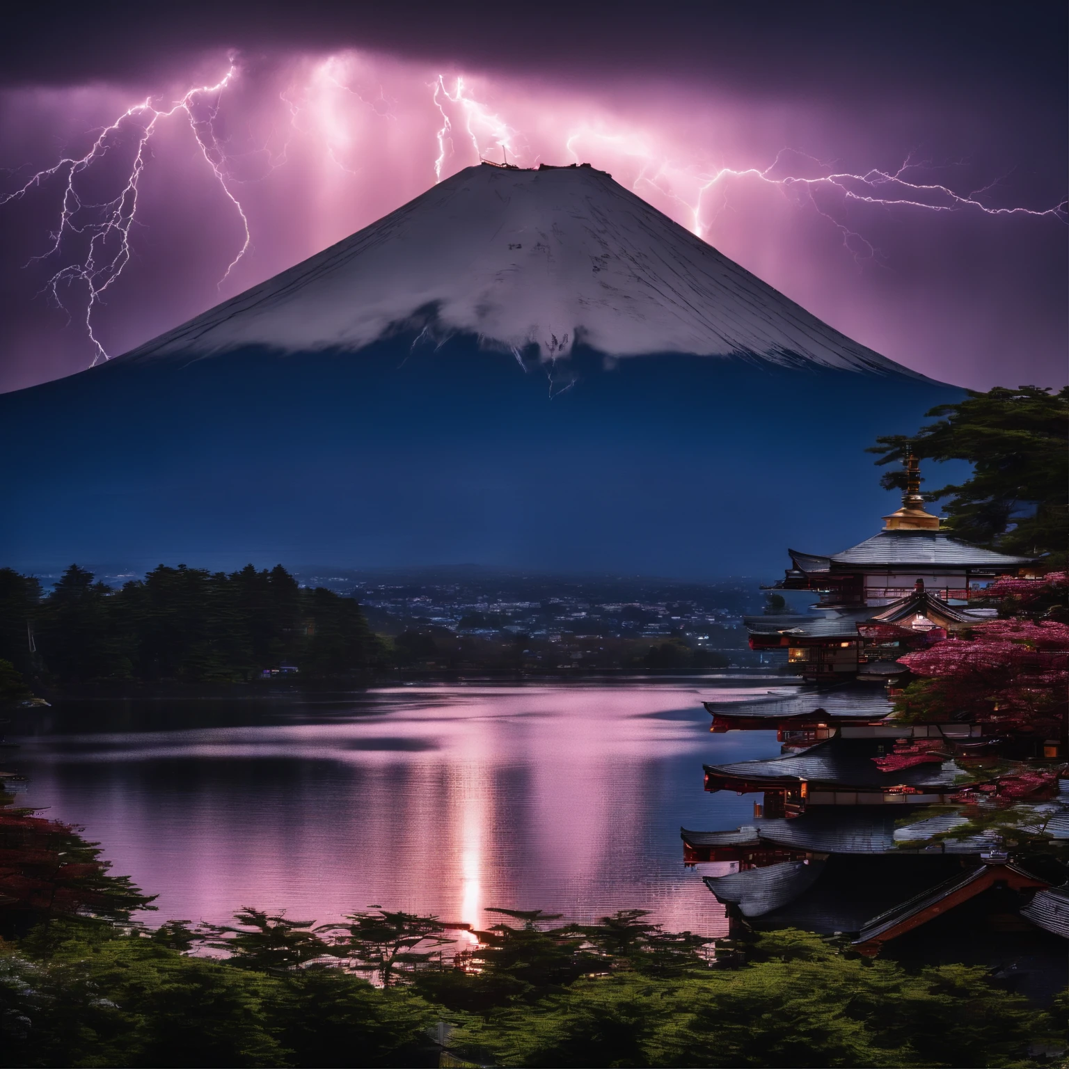 Master Parts、Superior Quality、superior image quality、The 8k quality、Beautiful photos of lightning:1.9、magnifica、(Mt. Fuji seen from Lake Shoji:1.9)、(((Dramatic Lightning:1.9)))