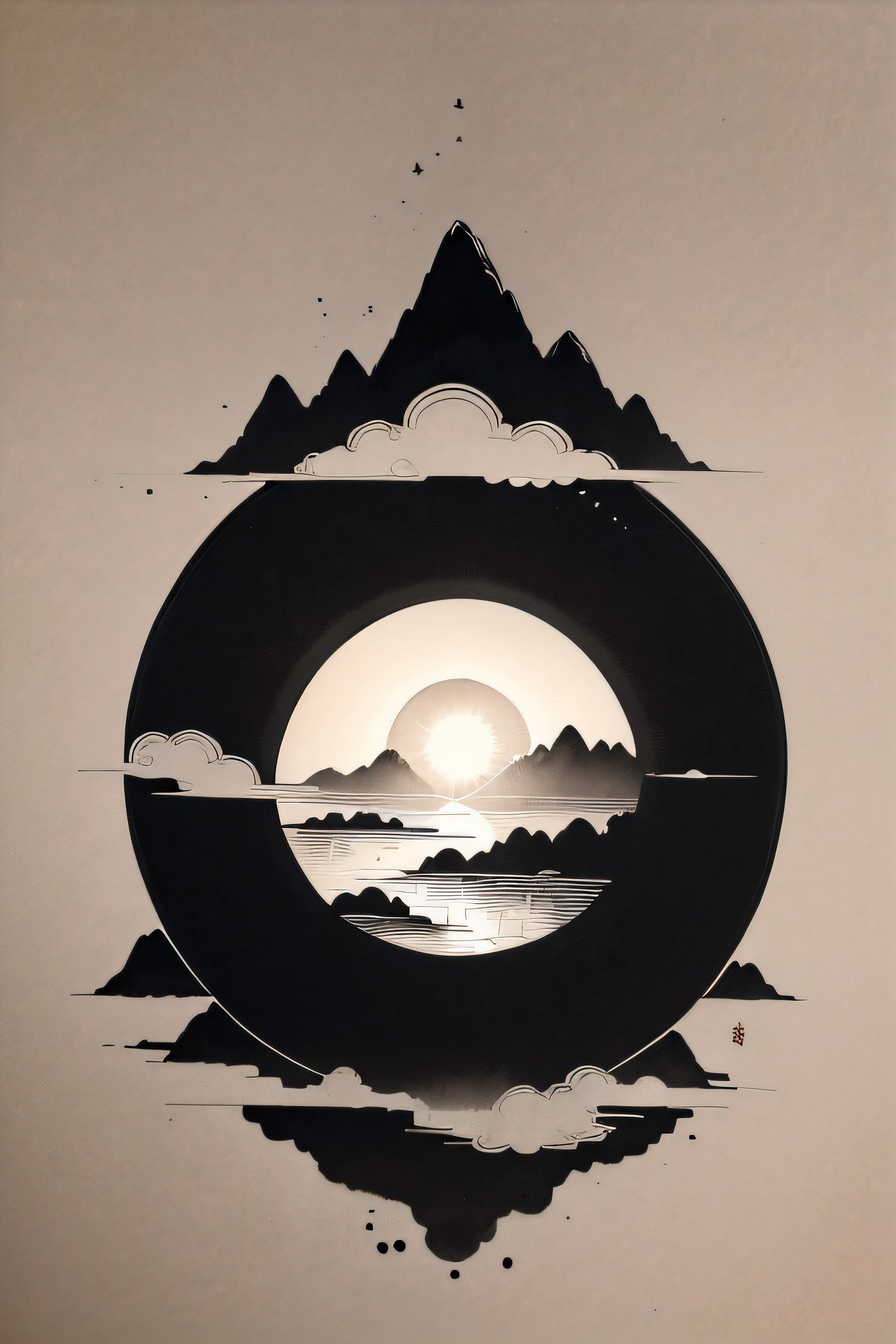 Traditional Chinese watercolor，suns，Seedlings that thrive，Two connected peaks，Black and white ink painting