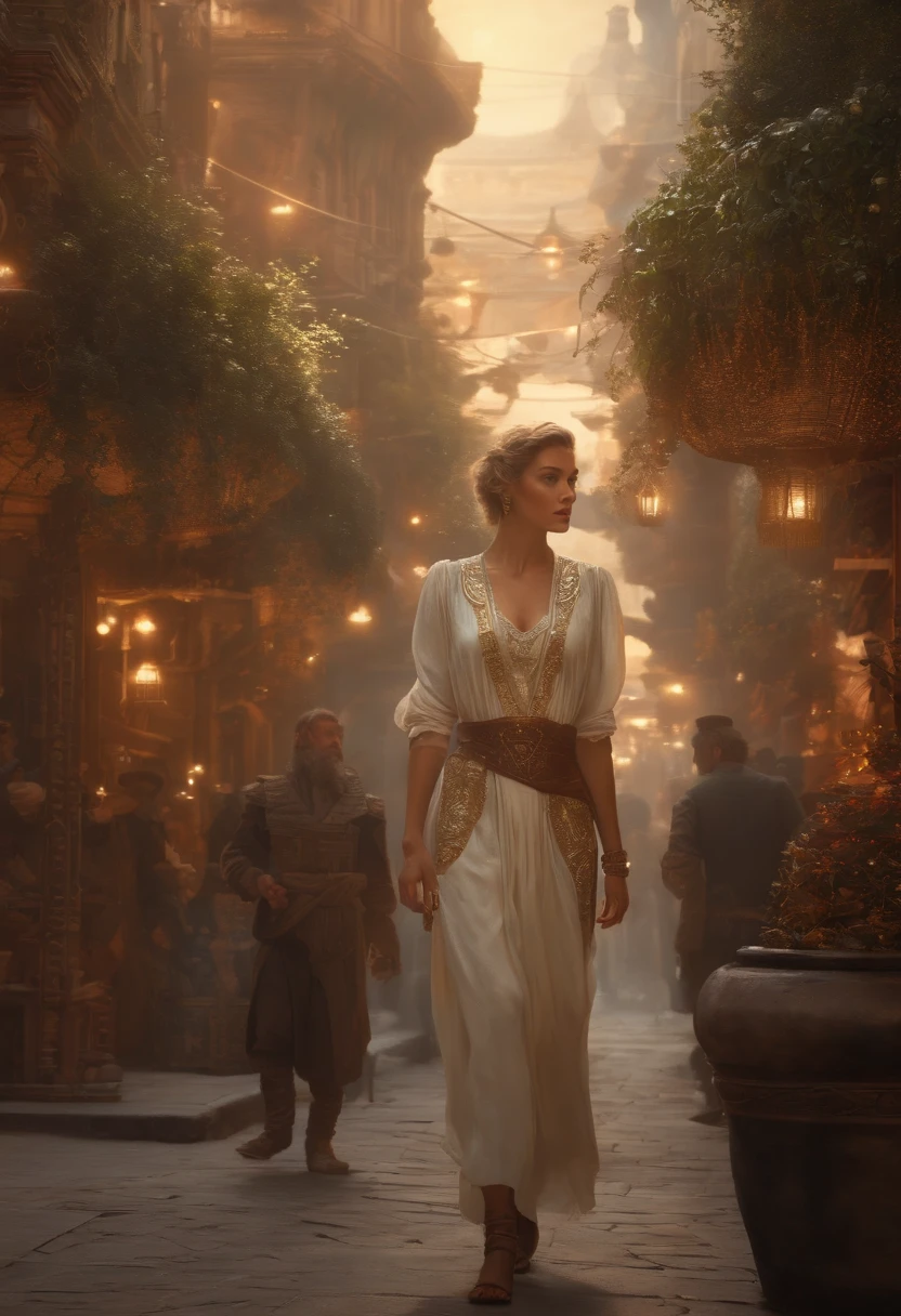 uncanny sci fi woman walking the street in the style of D&D fantasy rpg, voluminous lighting, art by franklin booth, 8K