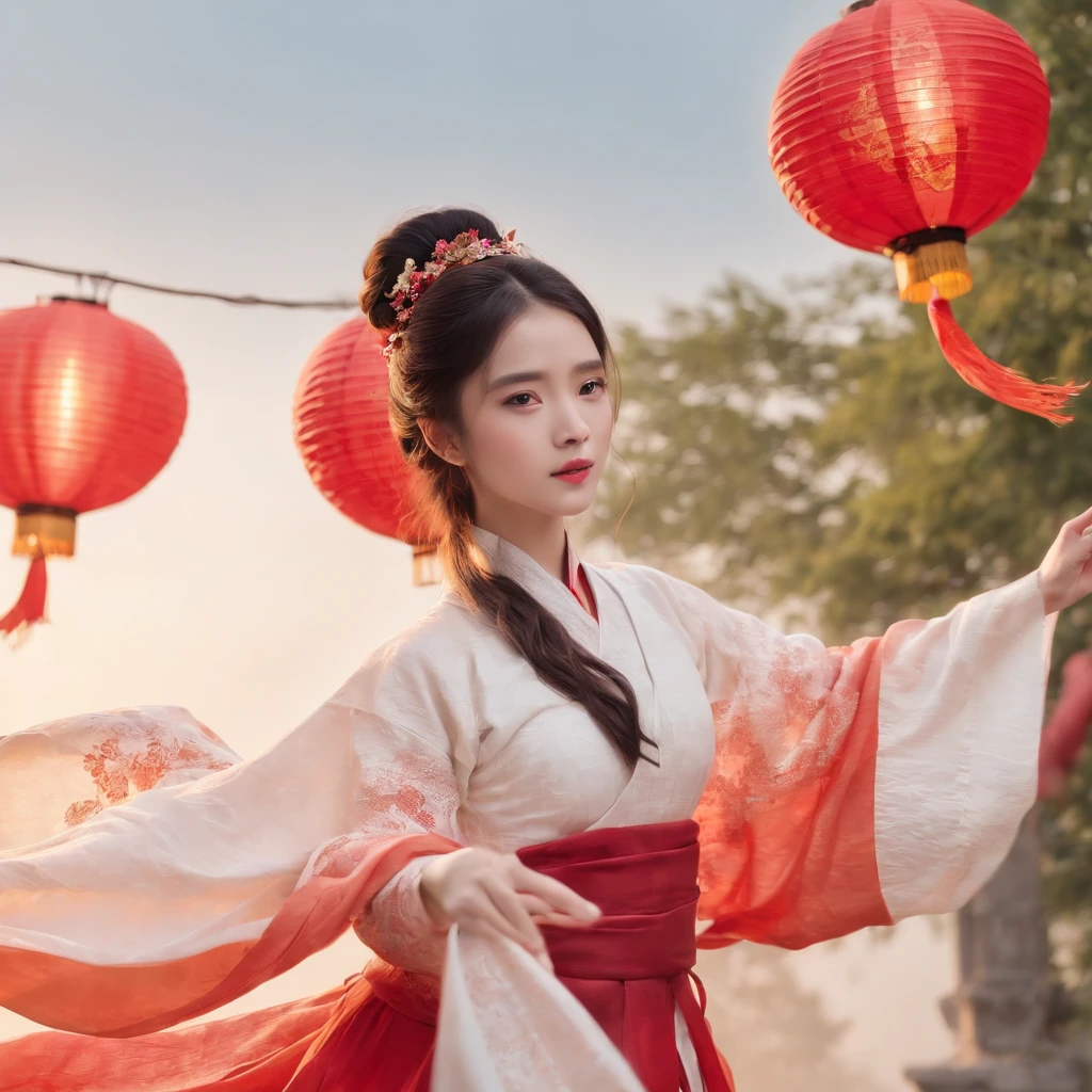 offcial art, Unity 8k wallpaper, Ultra detailed, Beautiful and aesthetic, Masterpiece, Best quality, (Fire, water, ribbon, paper cut out), (Fractal art:1.3) 1girll,Building, (Solo:1.5), Chinese_clothes, sky, Outdoors, Wide_Sleeves, black_Hair, Sunset, (Falling_Leaves:1.2), lantern, (Paper_lantern:1.5),Blue sky, (Outdoors:1.5),Hanfu, (rainbow-candy:0.8), (style-swirlmagic:0.8),National style