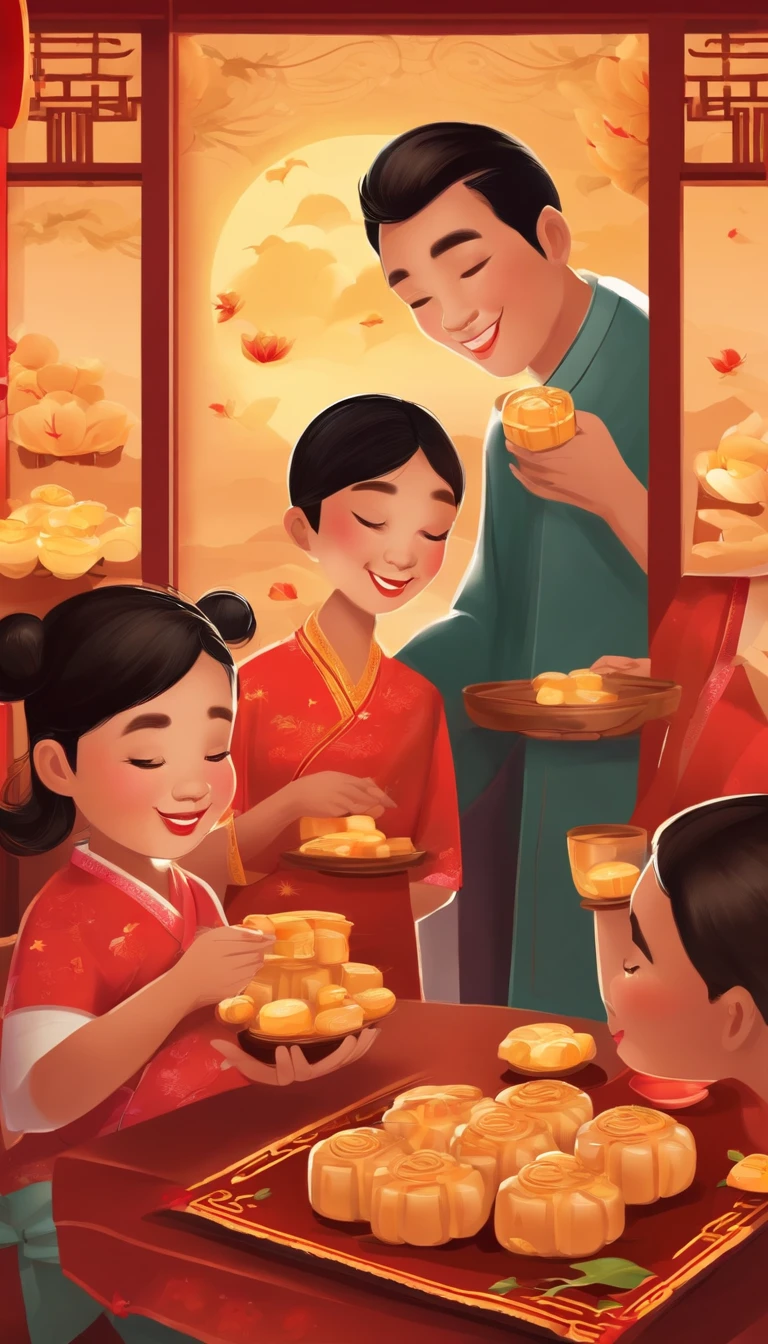 A family eats mooncakes,Men honor their parents with gifts in their hands, Happy family, There are mooncakes on the table,Gift in hand, tea drinking and paper lanterns, Another bright moon in the sky,warm and joyful atmosphere, Digital illustration, Poster illustration, , , digital illustrations , Chinese style painting, , exciting illustration,