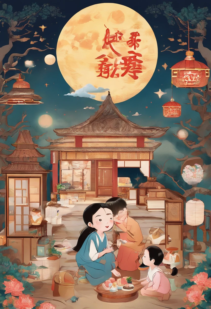 (top-quality、8K、tmasterpiece:1.3)、Full moon and stars in sky illustration，The family sits together eating mooncakes,Mom and dad laugh with the kids，Have in the living room、Bright house scene，extremely detailed face and skin，Heartwarming scene，perfect  detail