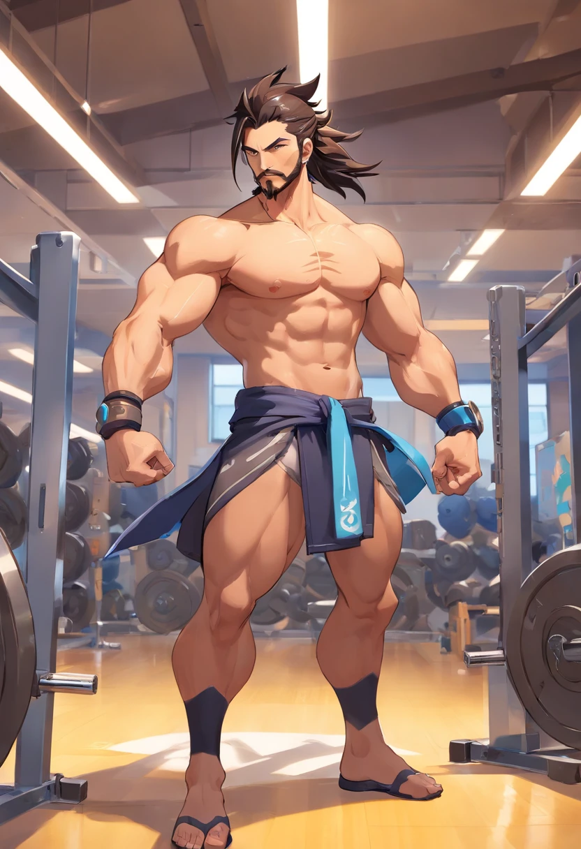 hanzo Overwatch, corpo inteiro,Picking up heavy in a bodybuilding gym, well-defined muscles, perfect biceps, focus in muscles, incredible details