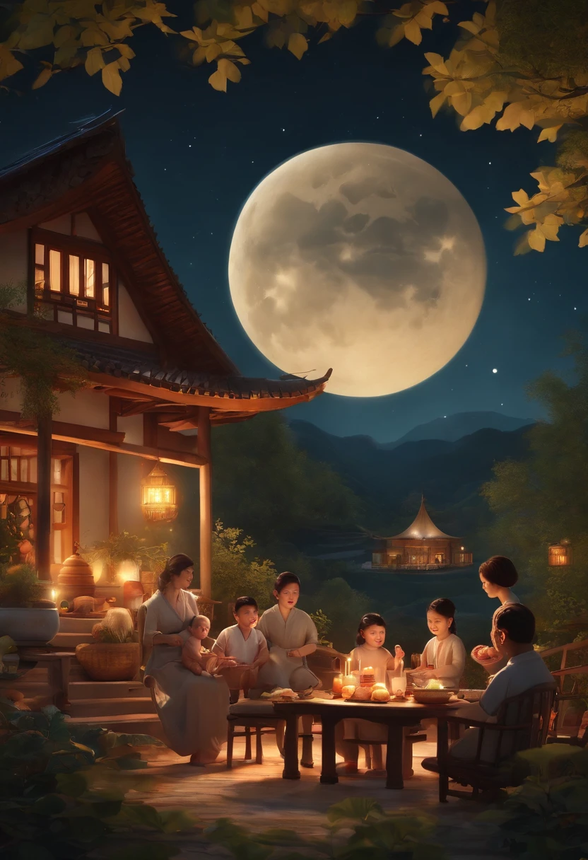 (top-quality、8K、tmasterpiece:1.3)、Full moon and stars in sky illustration,The family sits together eating mooncakes,Mom and dad laugh with the kids,Have in the living room、Bright house scene,extremely detailed face and skin,Heartwarming scene,perfect detail