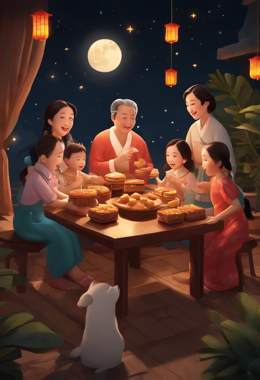 (top-quality、8K、tmasterpiece:1.3)、Full moon and stars in sky illustration,The family sits together eating mooncakes,Mom and dad laugh with the kids,Have in the living room、Bright house scene,extremely detailed face and skin,Heartwarming scene,perfect detail