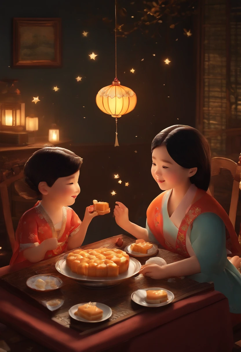 (top-quality、8K、tmasterpiece:1.3)、Full moon and stars in sky illustration，The family sits together eating mooncakes,Mom and dad laugh with the kids，Have in the living room、Bright house scene，extremely detailed face and skin，Heartwarming scene，perfect  detail