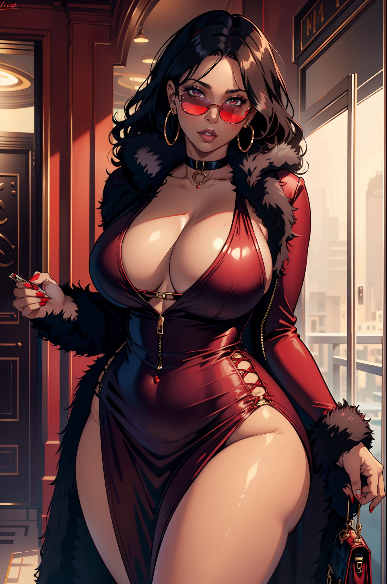 Best quality, solo mature woman, giant breasts, giant ass, very curvy, dark brown skin, curly black hair, red velvet eyes, full lips, seductive, slutty satin dress, long piercing, black choker, red sunglasses, fur coat, expensive purse, curvy physique, thick thighs