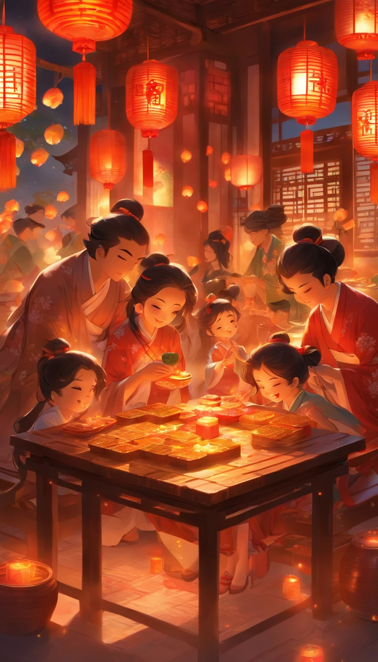 A family eats mooncakes,There are mooncakes on the table, Food in hand, tea drinking and paper lanterns, Bright moon,Chinese style painting, exciting illustration