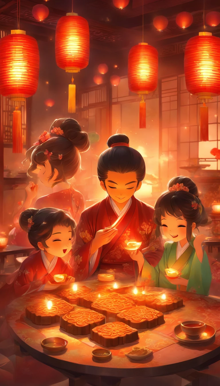 A family eats mooncakes,There are mooncakes on the table, Food in hand, tea drinking and paper lanterns, Bright moon,Chinese style painting, exciting illustration