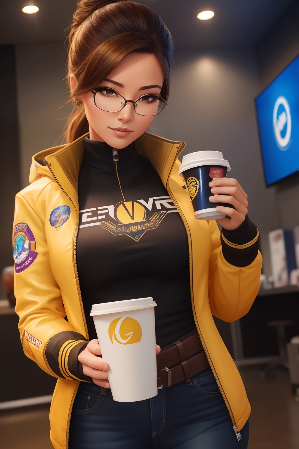 a woman in a yellow jacket holding a cup of coffee, Artgerm extremamente detalhado, anime girl drinks energy drink, Senna de League of Legends, Linda Brigitte de Overwatch, Brigitte de Overwatch, Ruan Jia e Artgerm, trending artgerm, Faye Valentim, como Artgerm, gama murata e Artgerm, Modelo IG | Artgerm