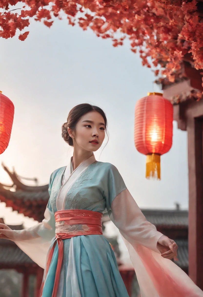 offcial art, Unity 8k wallpaper, Ultra detailed, Beautiful and aesthetic, Masterpiece, Best quality, (Fire, water, ribbon, paper cut out), (Fractal art:1.3) 1girll,Building, (Solo:1.5), Chinese_clothes, sky, Outdoors, Wide_Sleeves, black_Hair, Sunset, (Falling_Leaves:1.2), lantern, (Paper_lantern:1.5),Blue sky, (Outdoors:1.5),Hanfu, (rainbow-candy:0.8), (style-swirlmagic:0.8),National style