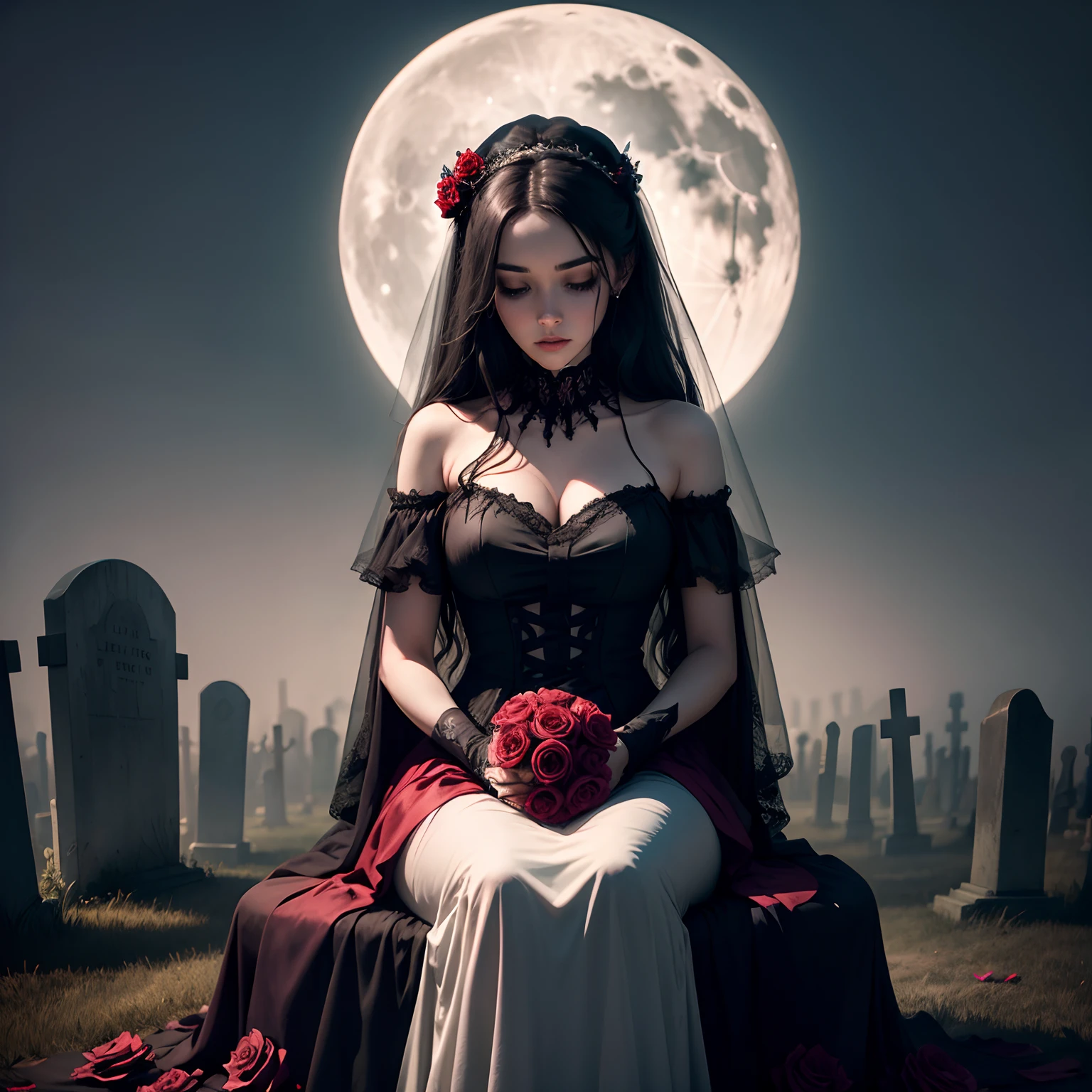 Living Dead Bride, bloody prom dresses, Spooky cemetery landscape, Around the dark fog, at night with full moon, Beautiful beautiful girl1a person,(Sitting and praying with rose flower in hand,)image perfect, realist, 8K,Best Quality,crows,
