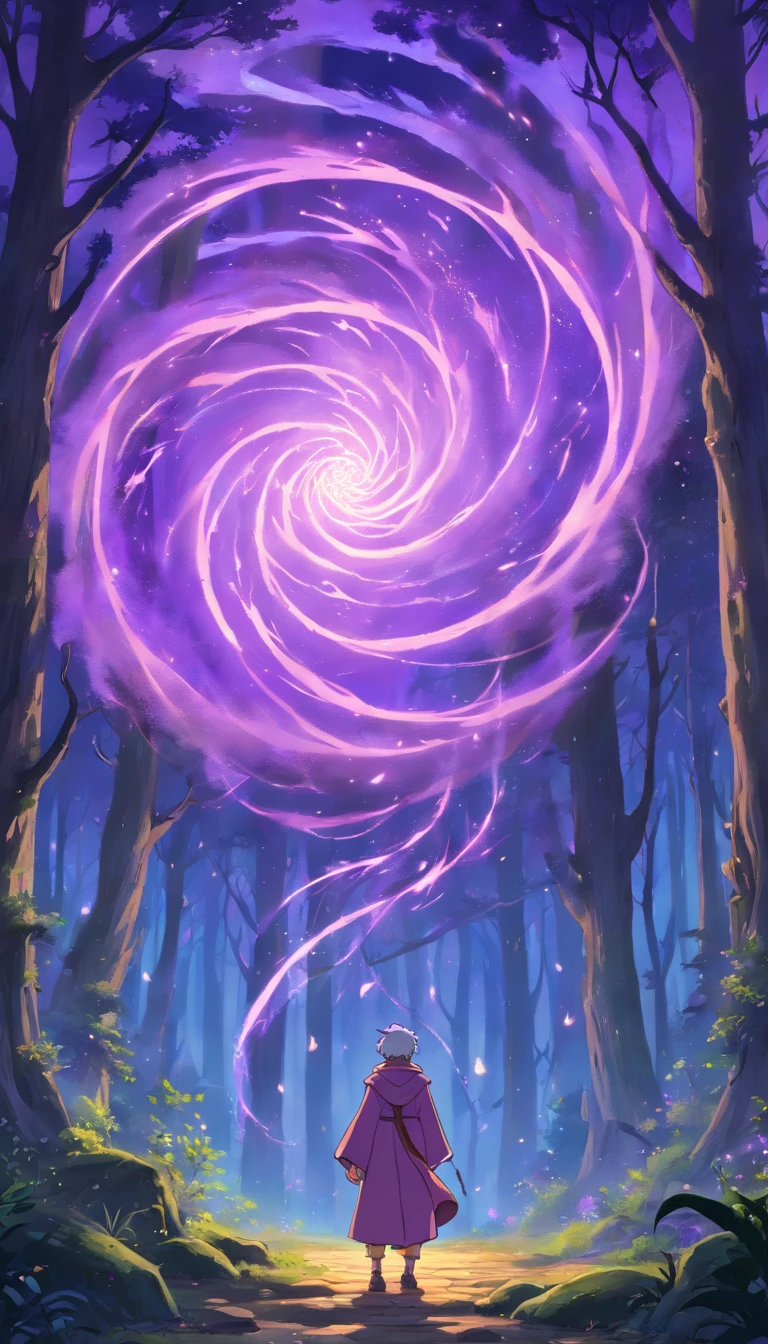 In the middle of an ancient forest and covered with vegetation, The essence of magic takes shape through a young man, seus cabelos leves como a neve e seus olhos uma chama rosa radiante. A mystical mark adorns his neck, cintilante com poder latente. Dentro de uma clareira, He is swallowed by a cascading torrent of purple flames, o calor do fogo temperado por uma energia sobrenatural. Like the magic fire spirals and dances, evokes a spinning dance of luminous particles, each a fragment of his ethereal aura. Arcane symbols materialize in the air, its glow casting a sinister light on his intense focus. The scene exudes a sense of ancient power and occult knowledge, As if the woods themselves were alive with long-forgotten secrets. The atmosphere is of serene intensity, where the balance of nature and magic intertwine. The illustration style captures this mystical aura through detailed digital art, combinando linhas intrincadas com paletas de cores vibrantes. --AR 16:9 --V 5