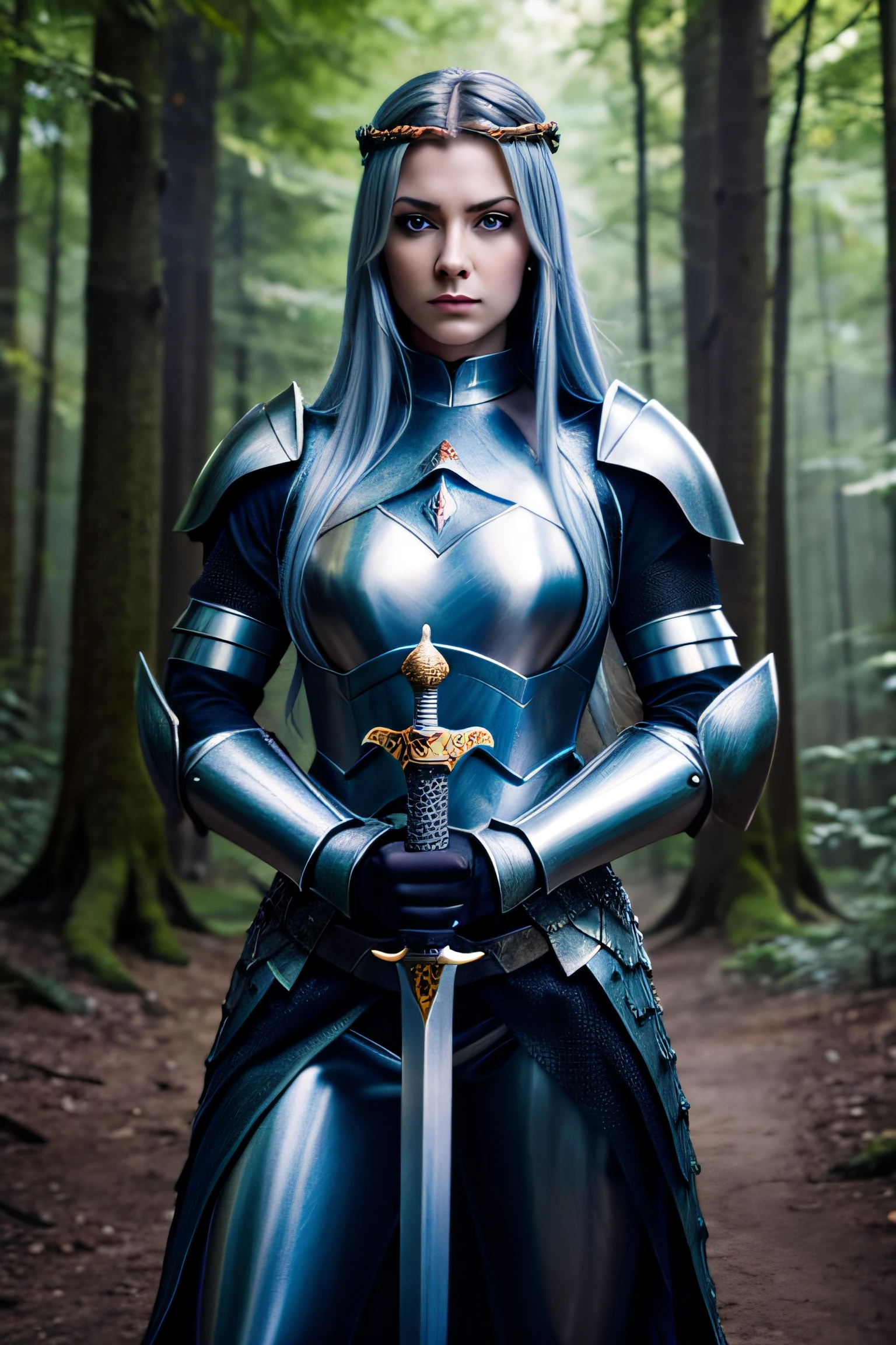 Woman armed in armor holding a sword in a forest, stunning vfx, light blue-gray eyes, still from a music video, fierce, rendering of Mirabel Madrigal, photo of an adult warrior, portrait of a soldier, still image of anime, fierce Medusa, by Melissa Benson, powerful princess of the desert, charli bowater and artgeem, legend of the cryptids
