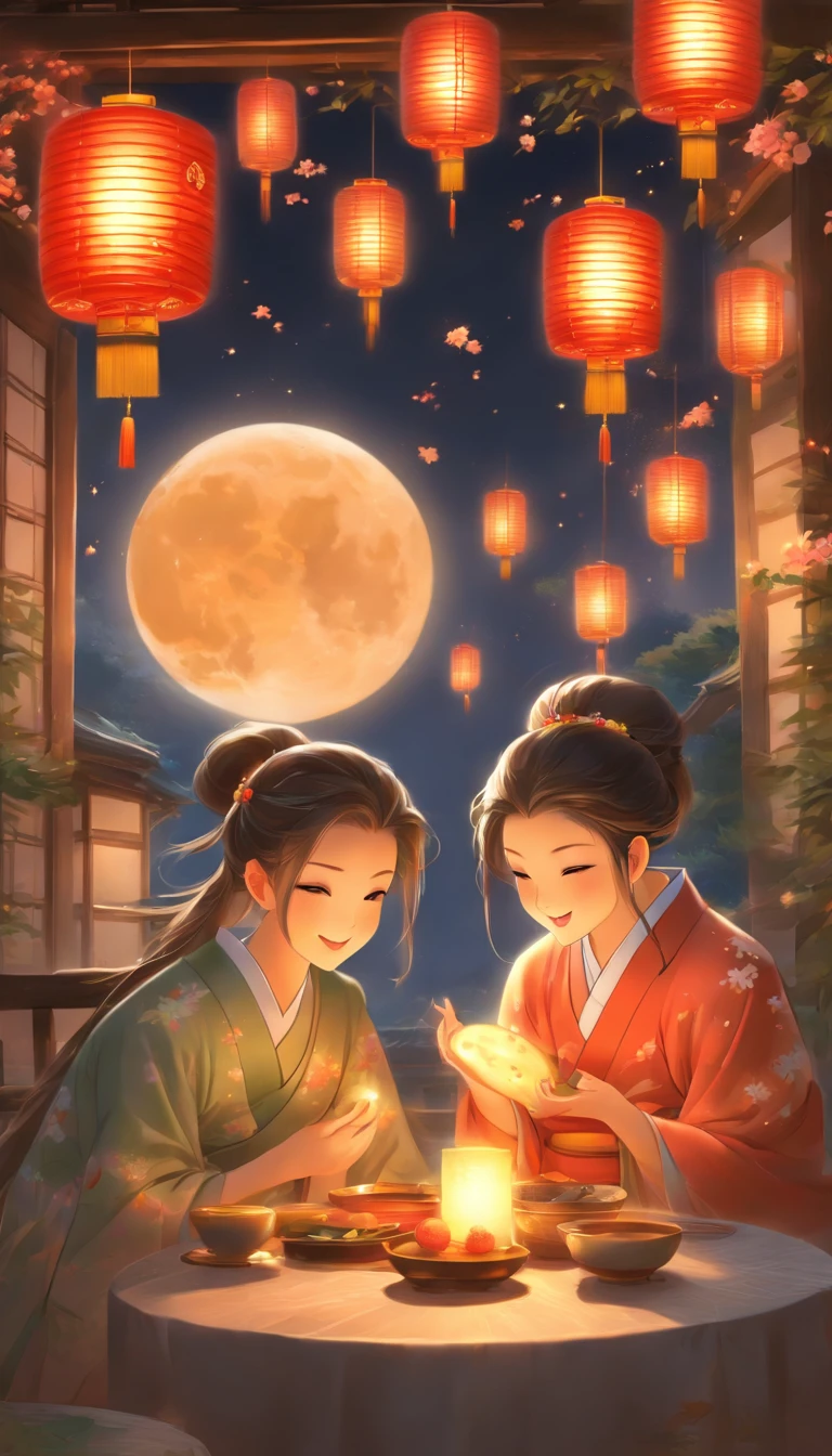 The family sits together, Enjoy a festive dinner, Surrounded by a warm and comfortable atmosphere. The room was beautifully decorated，Equipped with lanterns, Symbolizes the joy of the Mid-Autumn Festival. The table is filled with a variety of delicacies, Includes traditional mooncakes. Moonlight shone through the windows, Cast a soft glow on everyone's face. The family laughed and talked, Express their love and happiness on this special occasion. The artwork is created with the finest materials, Such as oil painting or high-resolution digital rendering, Ensure the highest quality and detail. The colors are vivid and vibrant, Create visually stunning representations for holiday celebrations. Well-designed lighting, Focus on capturing the warm and tranquil atmosphere of the evening. The artwork is a masterpiece, With ultra-fine elements and realism, Photorealistic style. The moon in the night sky is depicted as a perfect circle, Represents the full moon of the Mid-Autumn Festival. The scene was full of fun, Love, and togetherness, Capture the essence of the festival.You can see the round moon hanging high