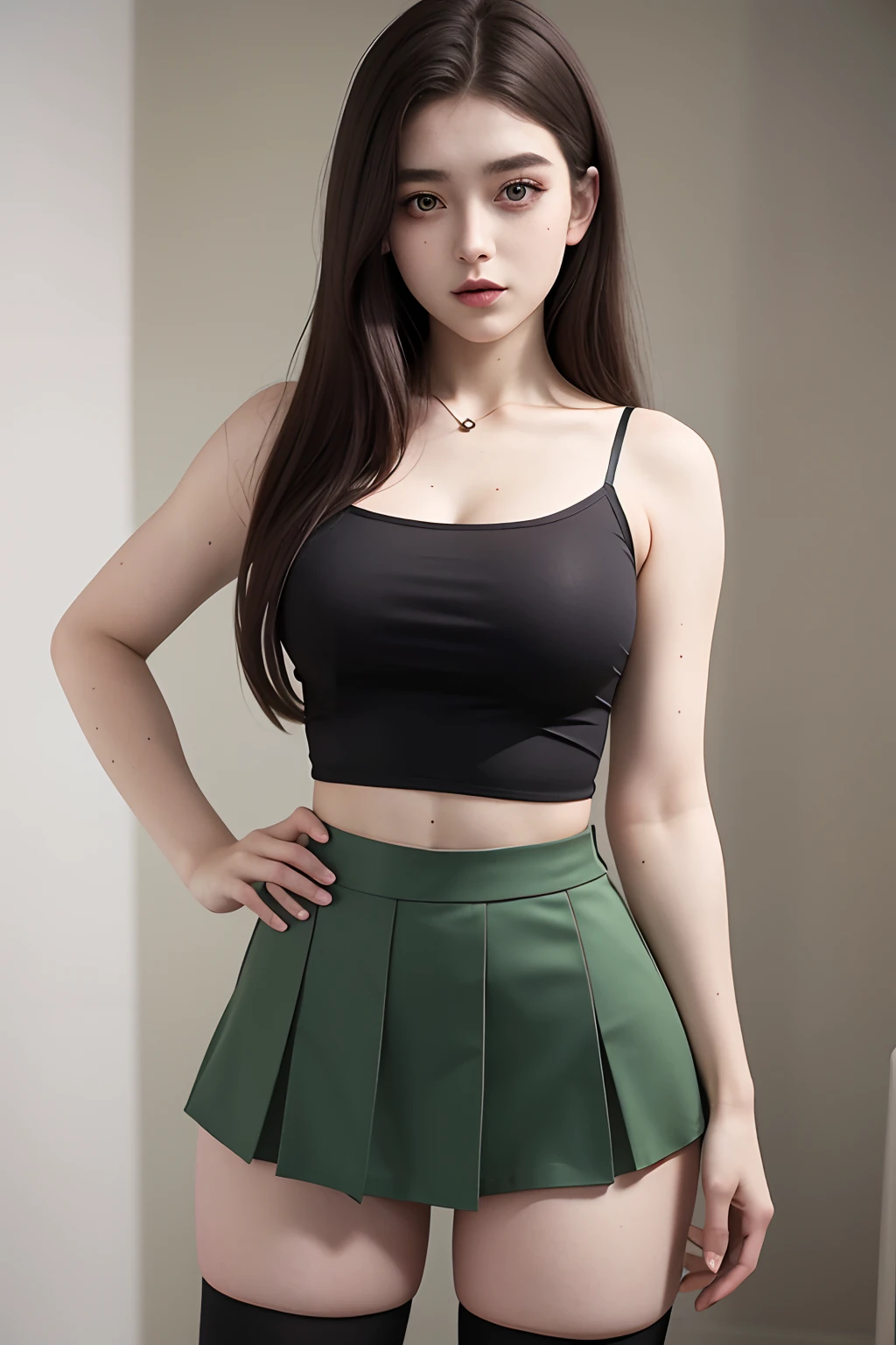 a beautiful 17yo irlandia woman, spaghetti strap shirt, high waist short skirt , thighhighs