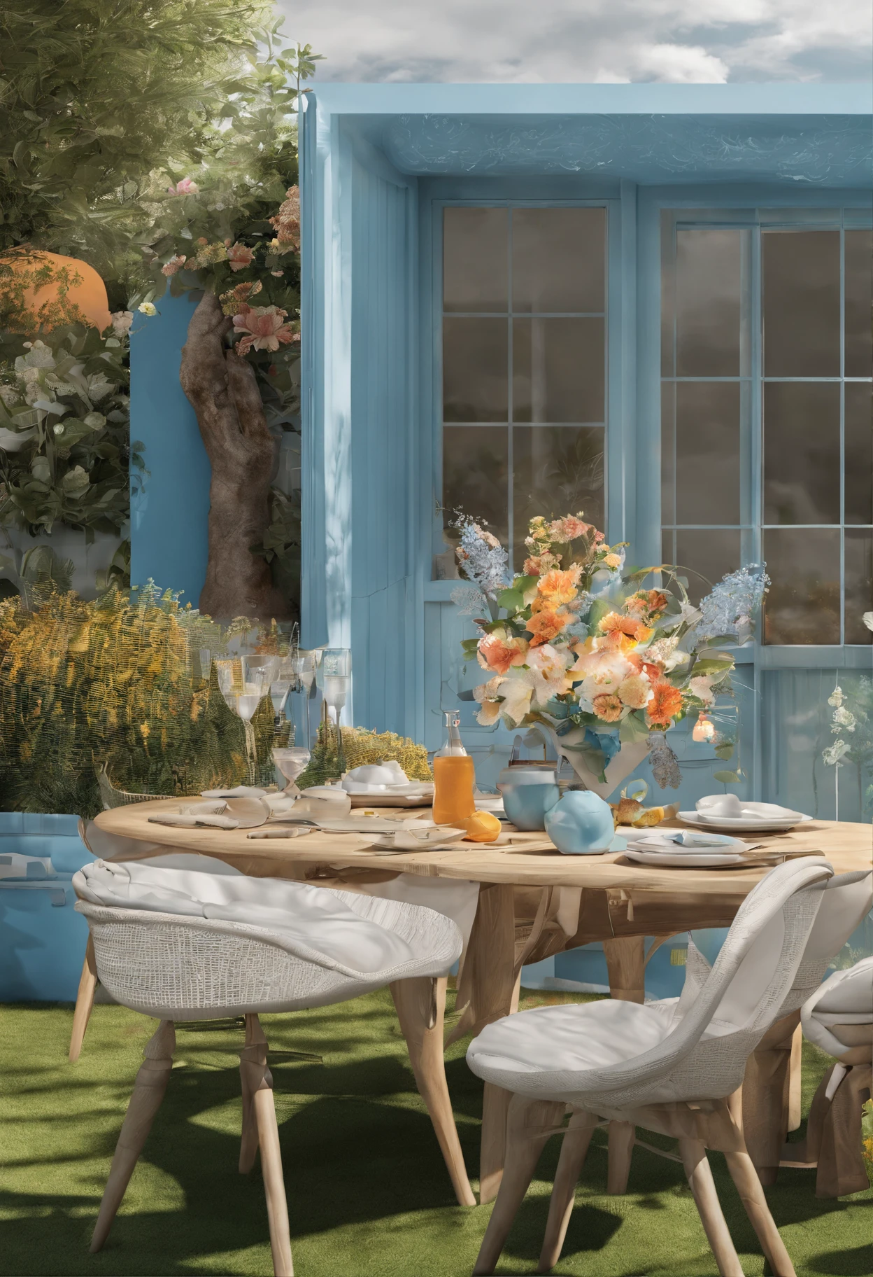 In the garden,There is a dining table,There is abundant food on it,Blue sky and white clouds,