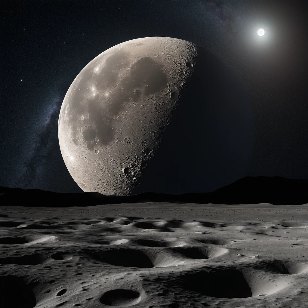 Master Parts、Superior Quality、superior image quality、The 8k quality、Beautiful pictures of the starry sky、magnifica、Arched Milky Way:1.25、Alafed view of Earth from the lunar surface:1.9, Lunar surface, space photo, on the moon, moon background, moon background, on the moon, Lunar soil, space photo, The Moon crashes into the Earth, The moon hits the earth, moonscape, Moon orbiting other satellites, Focus on the Moon, On Moon, number々Craters of:1.9