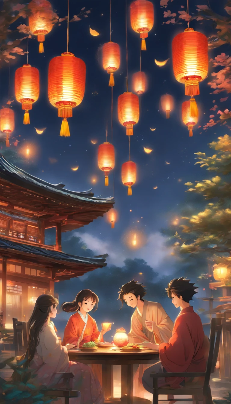 The family sits together, Enjoy a festive dinner, Surrounded by a warm and comfortable atmosphere. The room was beautifully decorated，Equipped with lanterns, Symbolizes the joy of the Mid-Autumn Festival. The table is filled with a variety of delicacies, Includes traditional mooncakes. Moonlight shone through the windows, Cast a soft glow on everyone's face. The family laughed and talked, Express their love and happiness on this special occasion. The artwork is created with the finest materials, Such as oil painting or high-resolution digital rendering, Ensure the highest quality and detail. The colors are vivid and vibrant, Create visually stunning representations for holiday celebrations. Well-designed lighting, Focus on capturing the warm and tranquil atmosphere of the evening. The artwork is a masterpiece, With ultra-fine elements and realism, Photorealistic style. The moon in the night sky is depicted as a perfect circle, Represents the full moon of the Mid-Autumn Festival. The scene was full of fun, Love, and togetherness, Capture the essence of the festival.You can see the round moon hanging high