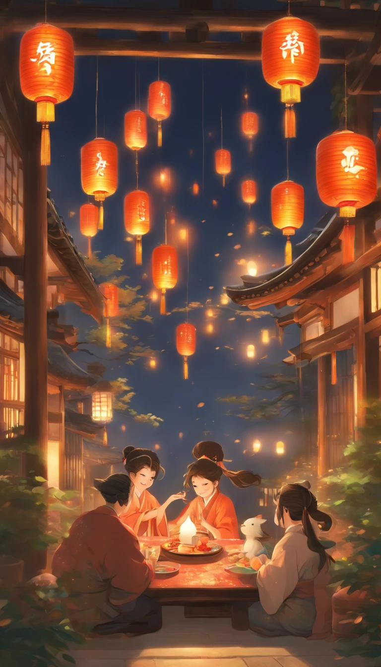 The family sits together, Enjoy a festive dinner, Surrounded by a warm and comfortable atmosphere. The room was beautifully decorated,Equipped with lanterns, Symbolizes the joy of the Mid-Autumn Festival. The table is filled with a variety of delicacies, Includes traditional mooncakes. Moonlight shone through the windows, Cast a soft glow on everyone's face. The family laughed and talked, Express their love and happiness on this special occasion. The artwork is created with the finest materials, Such as oil painting or high-resolution digital rendering, Ensure the highest quality and detail. The colors are vivid and vibrant, Create visually stunning representations for holiday celebrations. Well-designed lighting, Focus on capturing the warm and tranquil atmosphere of the evening. The artwork is a masterpiece, With ultra-fine elements and realism, Photorealistic style. The moon in the night sky is depicted as a perfect circle, Represents the full moon of the Mid-Autumn Festival. The scene was full of fun, Love, and togetherness, Capture the essence of the festival.You can see the round moon hanging high