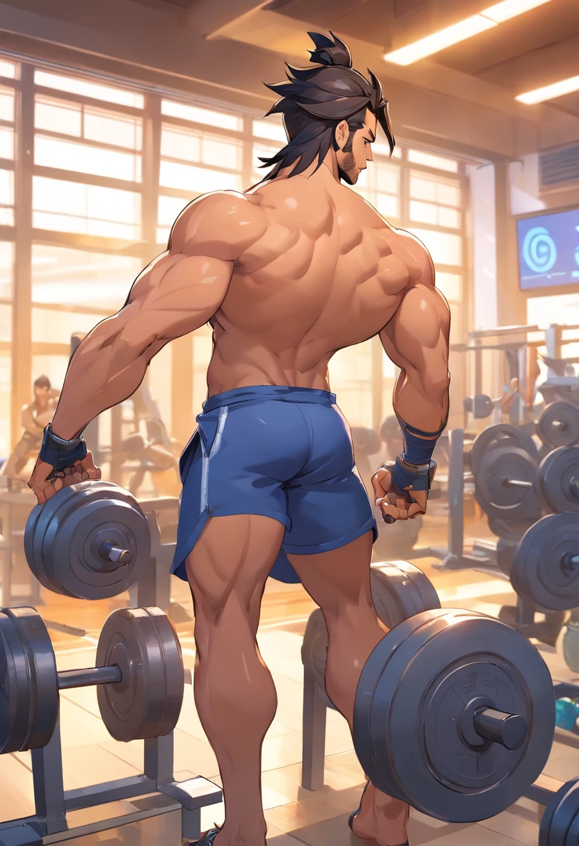 hanzo Overwatch, corpo inteiro,Picking up heavy in a bodybuilding gym, well-defined muscles, perfect biceps, focus in muscles, incredible details