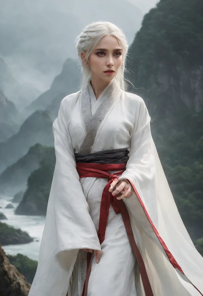 Cirilla Fiona Elen Riannon,动态照明,art stations,poster for,Volumetriclighting,Very detailed faces,4k wallpapers,He has a delicate and beautiful face,long hair flowing,horse tailed,Fringed Hair Ornament,Dynamic perspective,White Hanfu,White gauze flying,red waistband,Sexy,Tradition Chinese Ink Painting,Surrounded by clouds,fog atmosphere,Ride a white dragon,White dragon horn,dynamic viewing angle,电影灯光