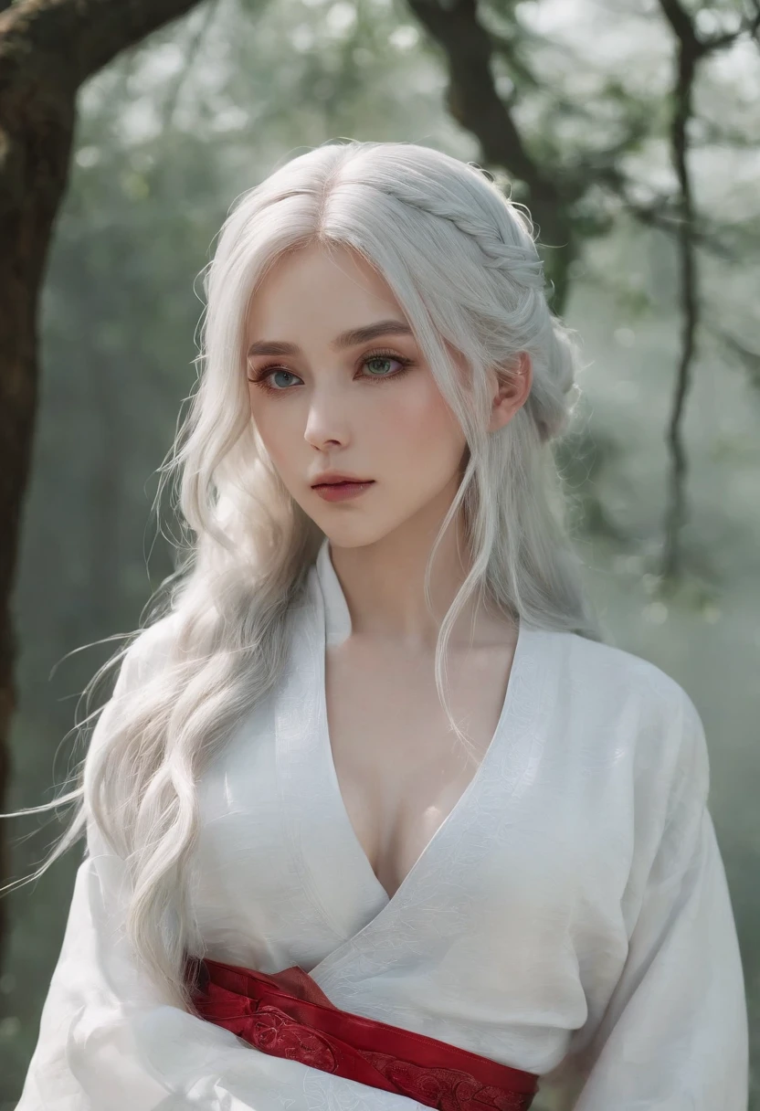 Cirilla Fiona Elen Riannon,动态照明,art stations,poster for,Volumetriclighting,Very detailed faces,4k wallpapers,He has a delicate and beautiful face,long hair flowing,horse tailed,Fringed Hair Ornament,Dynamic perspective,White Hanfu,White gauze flying,red waistband,Sexy,Tradition Chinese Ink Painting,Surrounded by clouds,fog atmosphere,Ride a white dragon,White dragon horn,dynamic viewing angle,电影灯光
