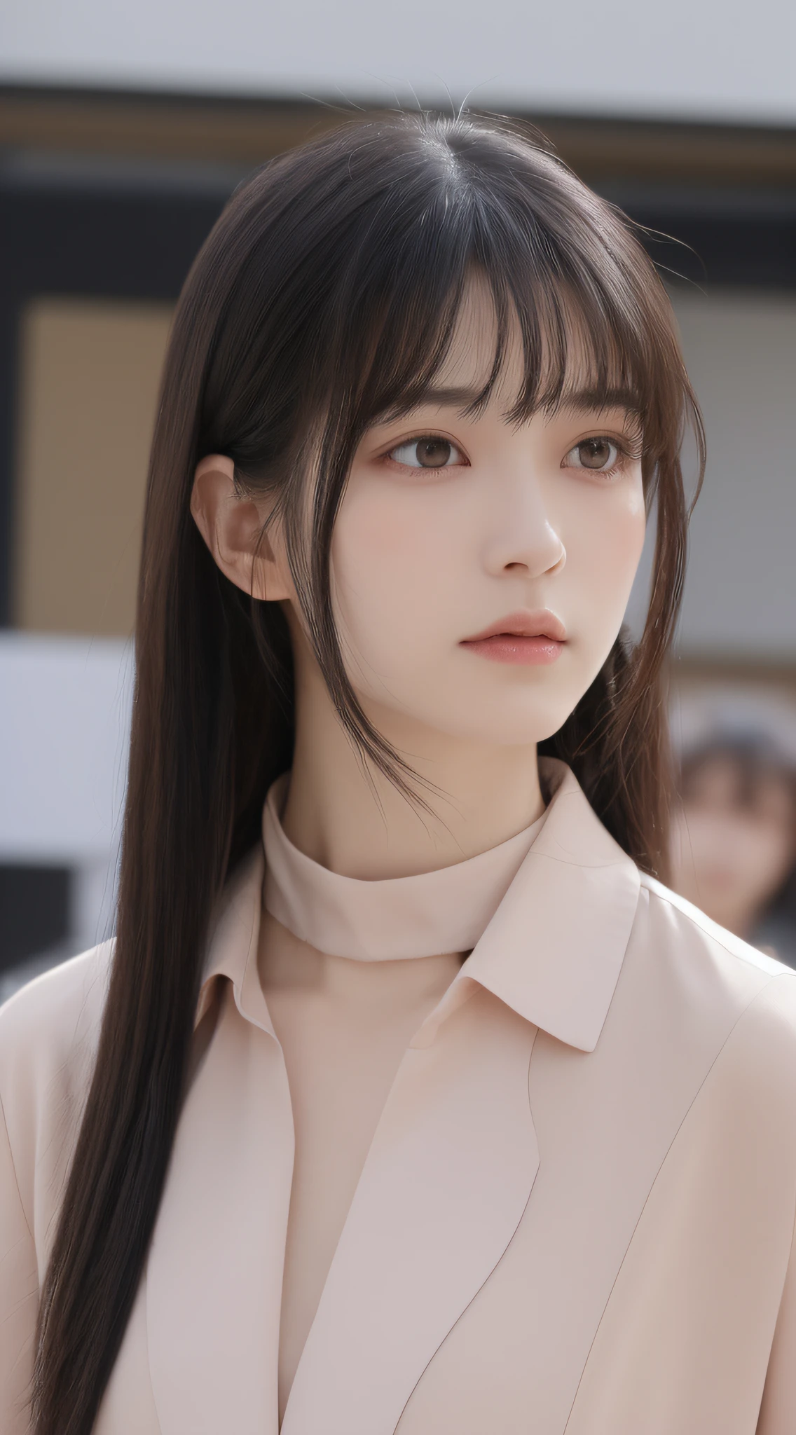 1 adult female, (up of face:1.5), Black hair, Blunt bangs, hair behind ear, hair over shoulder, Long hair, Ultra Fine Face, Thin face, Delicate lips, (beautidful eyes:1.5), thin blush, eyes are light brown,View here, （Hands hide）, formal jackets, a choker ,Port Area ,One-person viewpoint,  8K, masutepiece, nffsw, Super Detail, High quality, Best Quality, hight resolution,