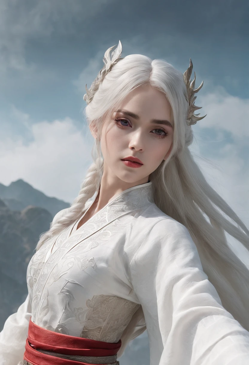 Cirilla Fiona Elen Riannon，动态照明，art  stations，poster for，Volumetriclighting，Very detailed faces，4k wallpapers，He has a delicate and beautiful face，long hair flowing，horse tailed，Fringed Hair Ornament，Dynamic perspective，White Hanfu，White gauze flying，red waistband，Sexy，Tradition Chinese Ink Painting，Surrounded by clouds，fog atmosphere，Ride a white dragon，White dragon horn，dynamic viewing angle，电影灯光