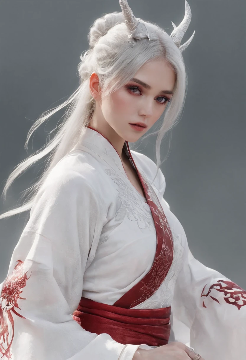 Cirilla Fiona Elen Riannon,动态照明,art stations,poster for,Volumetriclighting,Very detailed faces,4k wallpapers,He has a delicate and beautiful face,long hair flowing,horse tailed,Fringed Hair Ornament,Dynamic perspective,White Hanfu,White gauze flying,red waistband,Sexy,Tradition Chinese Ink Painting,Surrounded by clouds,fog atmosphere,Ride a white dragon,White dragon horn,dynamic viewing angle,电影灯光