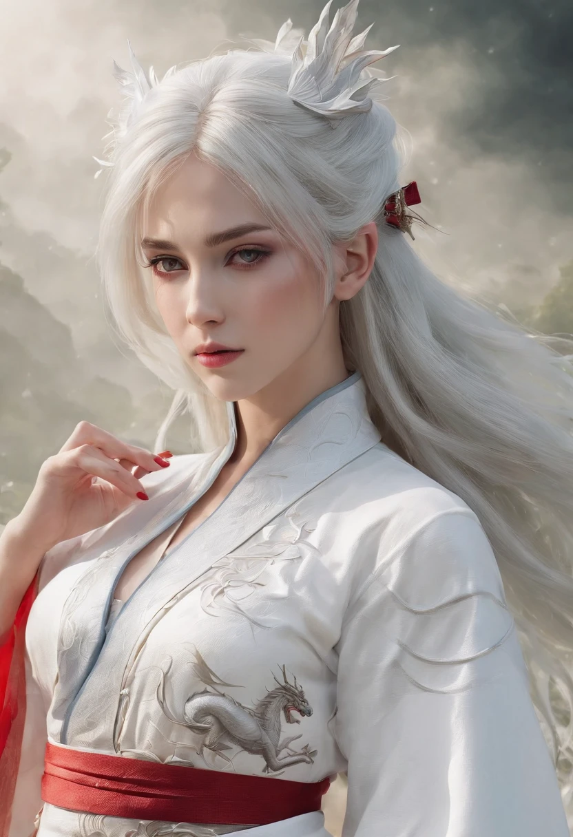 Cirilla Fiona Elen Riannon,动态照明,art stations,poster for,Volumetriclighting,Very detailed faces,4k wallpapers,He has a delicate and beautiful face,long hair flowing,horse tailed,Fringed Hair Ornament,Dynamic perspective,White Hanfu,White gauze flying,red waistband,Sexy,Tradition Chinese Ink Painting,Surrounded by clouds,fog atmosphere,Ride a white dragon,White dragon horn,dynamic viewing angle,电影灯光