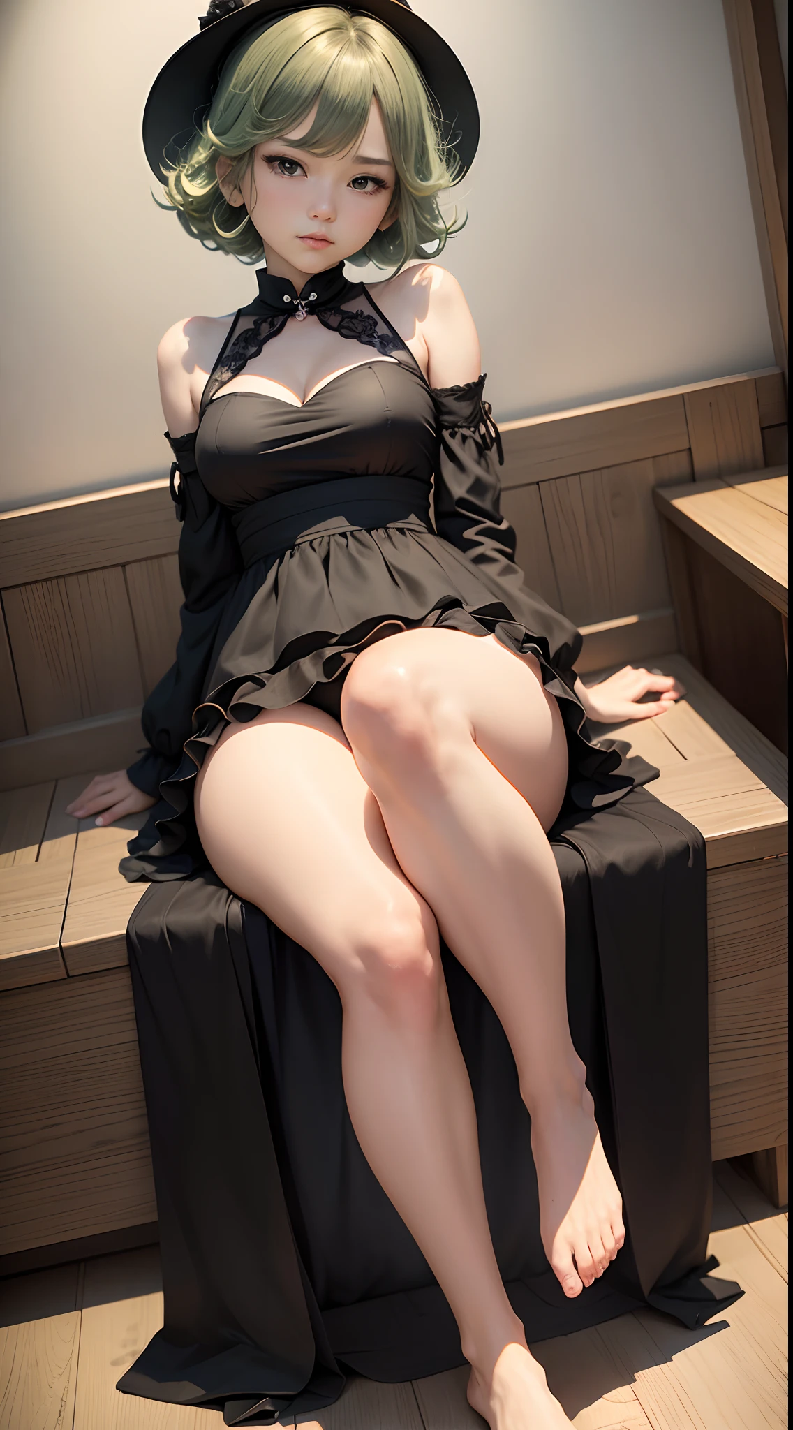 (Masterpiece, Best quality:1.2), 独奏, 1girll, tatsumaki, Boring, Closed mouth, looking a viewer, Hands on our faces, Sitting, Short black dress,Big thighs,Cross ed leg