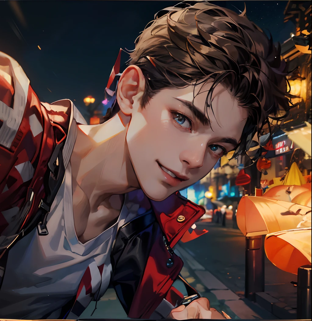(absurdres, highres, ultra detailed, HDR), masterpiece, best quality, 1boy, handsome, short hair, finely eye and detailed face, (white t-shirt), (red jacket), dimple, night street, night city, midnight, selfie shot, light smile