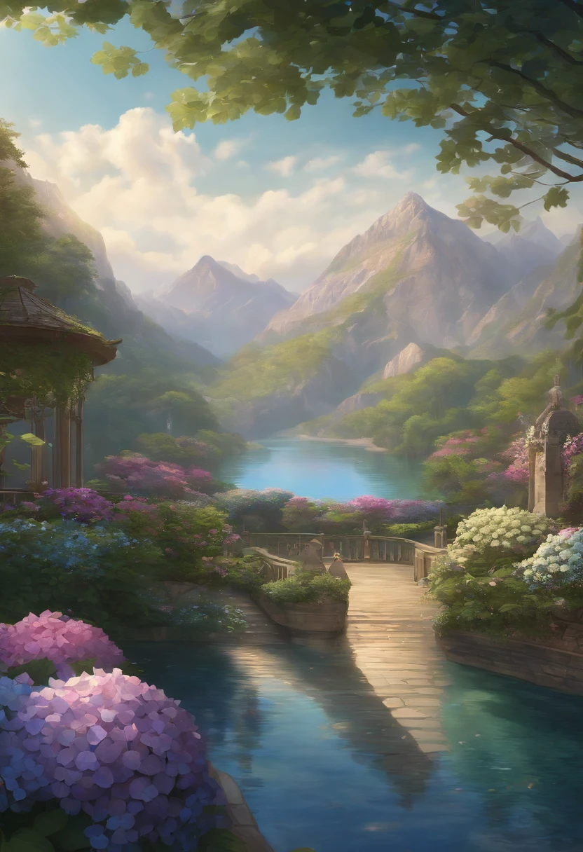 hydrangeas, park, Lake, Small hills, Pebble path,anime big breast, Masterpiece, Best quality, Anatomically correct, High details, 8K, the wallpaper