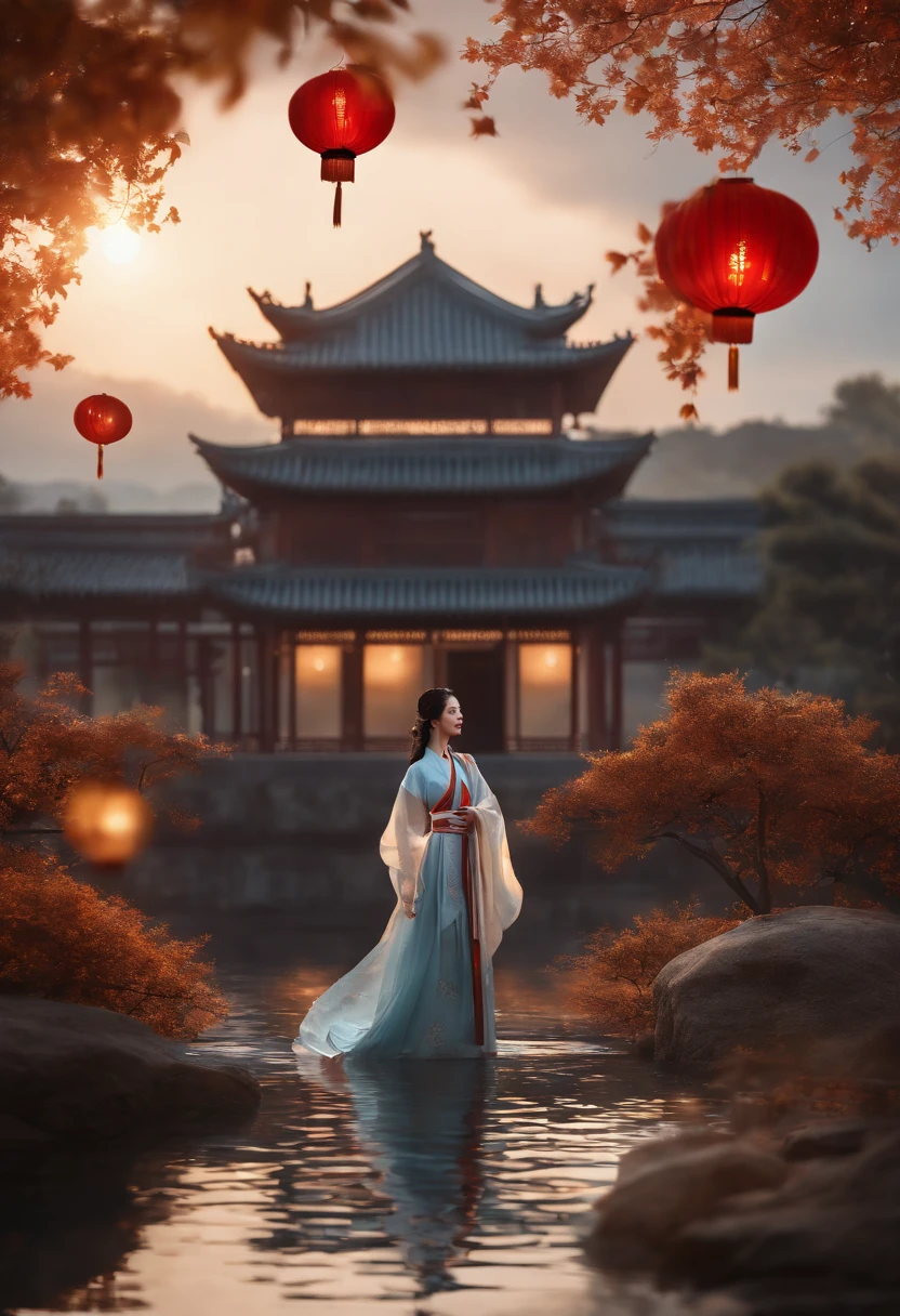 offcial art, Unity 8k wallpaper, Ultra detailed, Beautiful and aesthetic, Masterpiece, Best quality, (Fire, water, ribbon, paper cut out), (Fractal art:1.3) 1girll,Building, (Solo:1.5), Chinese_clothes, sky, Outdoors, Wide_Sleeves, black_Hair, Sunset, (Falling_Leaves:1.2), lantern, (Paper_lantern:1.5),Blue sky, (Outdoors:1.5),Hanfu, (rainbow-candy:0.8), (style-swirlmagic:0.8),National style