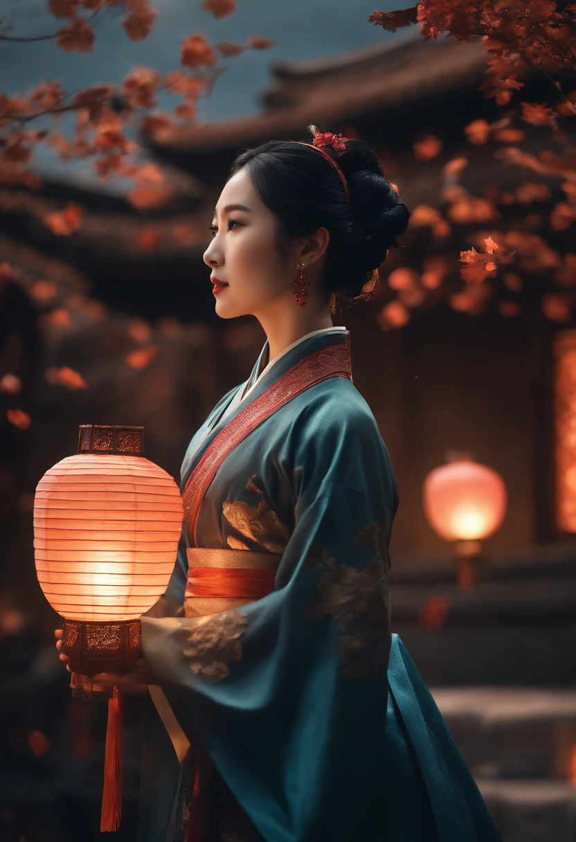 offcial art, Unity 8k wallpaper, Ultra detailed, Beautiful and aesthetic, Masterpiece, Best quality, (Fire, water, ribbon, paper cut out), (Fractal art:1.3) 1girll,Building, (Solo:1.5), Chinese_clothes, sky, Outdoors, Wide_Sleeves, black_Hair, Sunset, (Falling_Leaves:1.2), lantern, (Paper_lantern:1.5),Blue sky, (Outdoors:1.5),Hanfu, (rainbow-candy:0.8), (style-swirlmagic:0.8),National style
