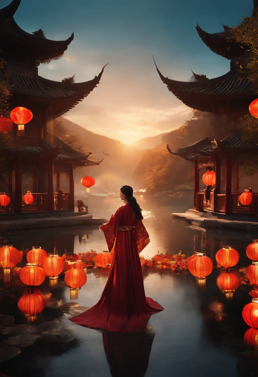 offcial art, Unity 8k wallpaper, Ultra detailed, Beautiful and aesthetic, Masterpiece, Best quality, (Fire, water, ribbon, paper cut out), (Fractal art:1.3) 1girll,Building, (Solo:1.5), Chinese_clothes, sky, Outdoors, Wide_Sleeves, black_Hair, Sunset, (Falling_Leaves:1.2), lantern, (Paper_lantern:1.5),Blue sky, (Outdoors:1.5),Hanfu, (rainbow-candy:0.8), (style-swirlmagic:0.8),National style