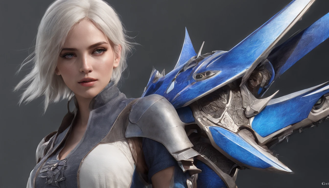 Cirilla Fiona Elen Riannon，Highest image quality，Outstanding details，超高分辨率，（Fidelity：1.4）, Favor the details，closeup cleavage，Ride a dragon，High-tech dragon knight mech，He has a delicate and beautiful face，（（Blue-white flying semi-mechanical fuselage：1.8）），Raised sexy，frontage，Cidade futuristica，mechanically aesthetic，Virtual Engine 5，Perfect detail rendering，rendering by octane，hyper HD