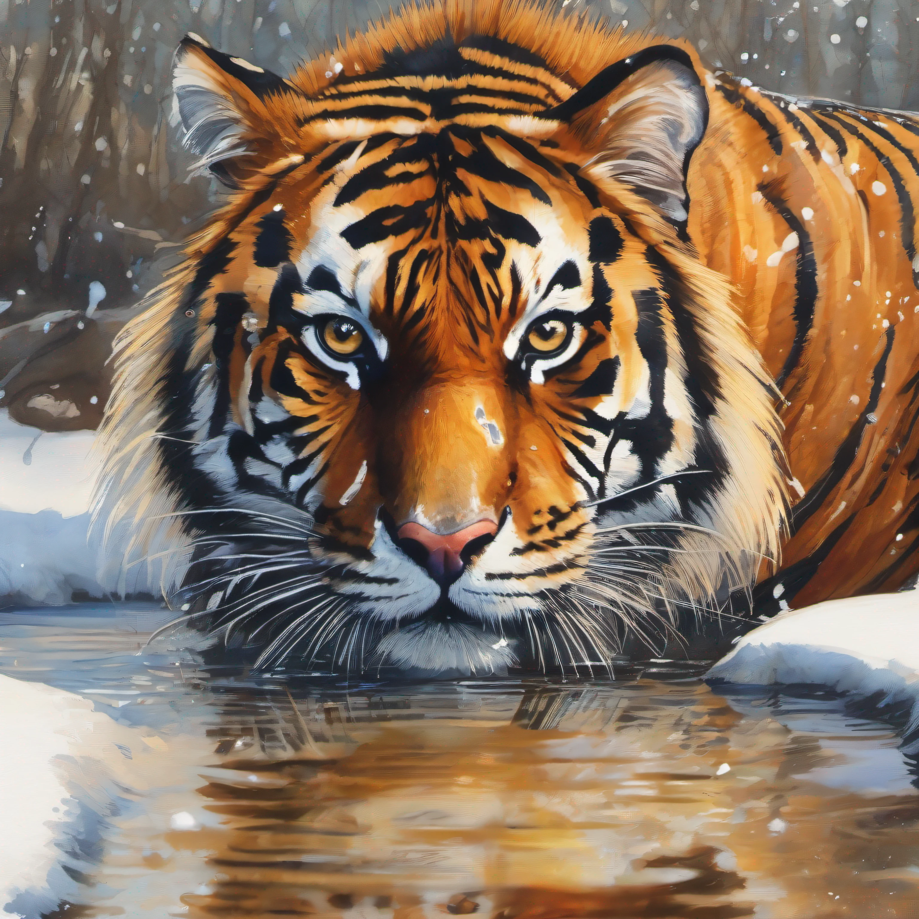 painting of (close up of one tiger in snow, drinking from creek), open eyes, looking at viewer, water mirror, golden hour, masterpiece, official art, beautiful, ((watercolor)), paint splatter, intricate details, [dripping:0.5], trending on artstation, in Watercolor Style, Watercolor, (Rachel Walker), Museum Epic Impressionist Maximalist Masterpiece, thick brush strokes, vivid colors